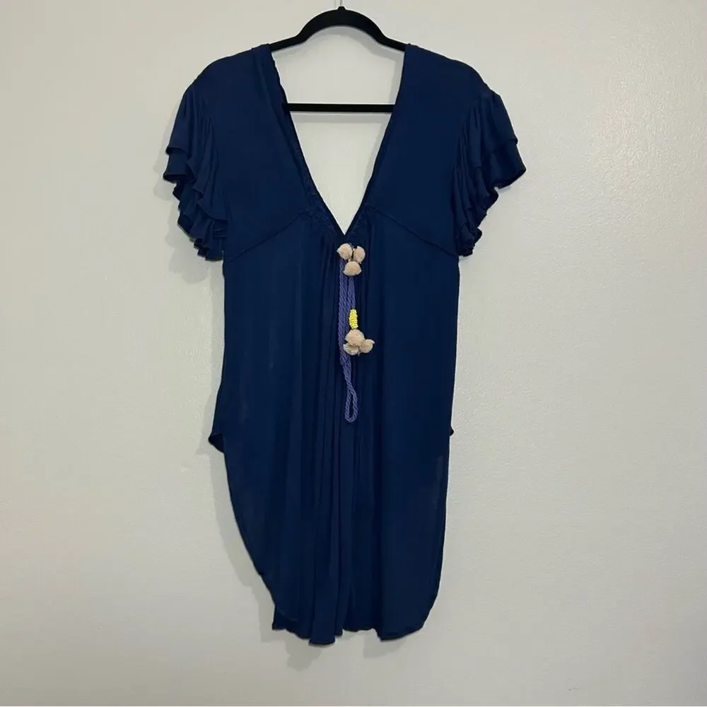 Free People Fiesta Nueva Tunic Top Embroidered Open-Back Blue Size Small